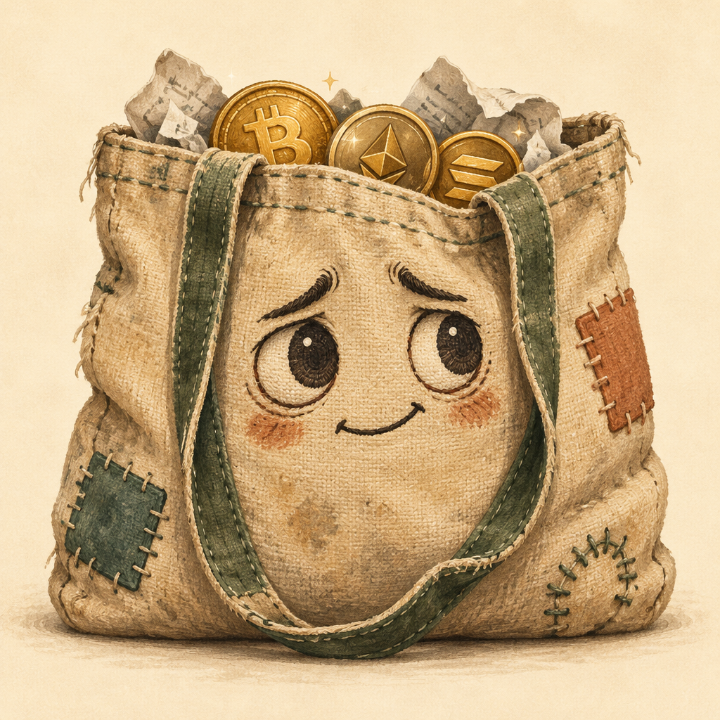 Worried canvas bag filled with imaginary coins